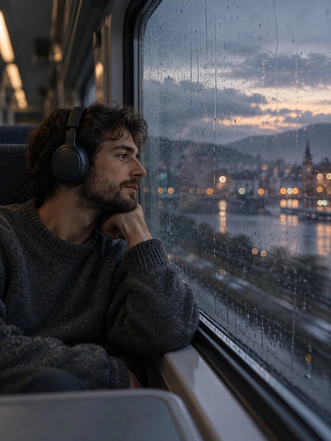 Un ragazzo con le cuffie guarda fuori dal finestrino di un treno, sotto la pioggia, al tramonto